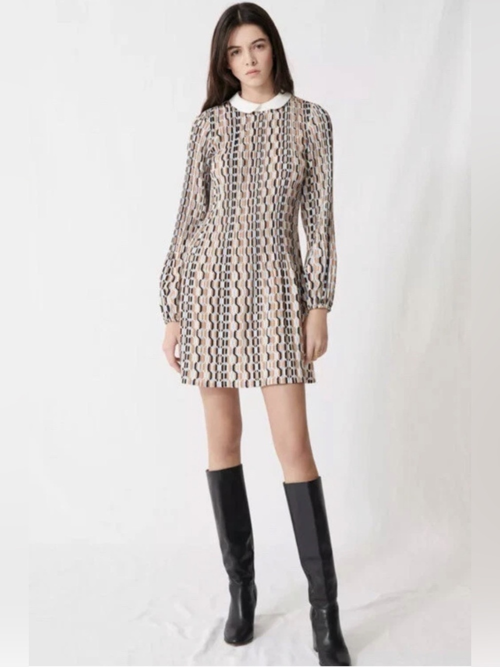 Maje Retro Long Sleeve Shift Peter Pan Collar Preppy- Size Euro 40 / 10 US